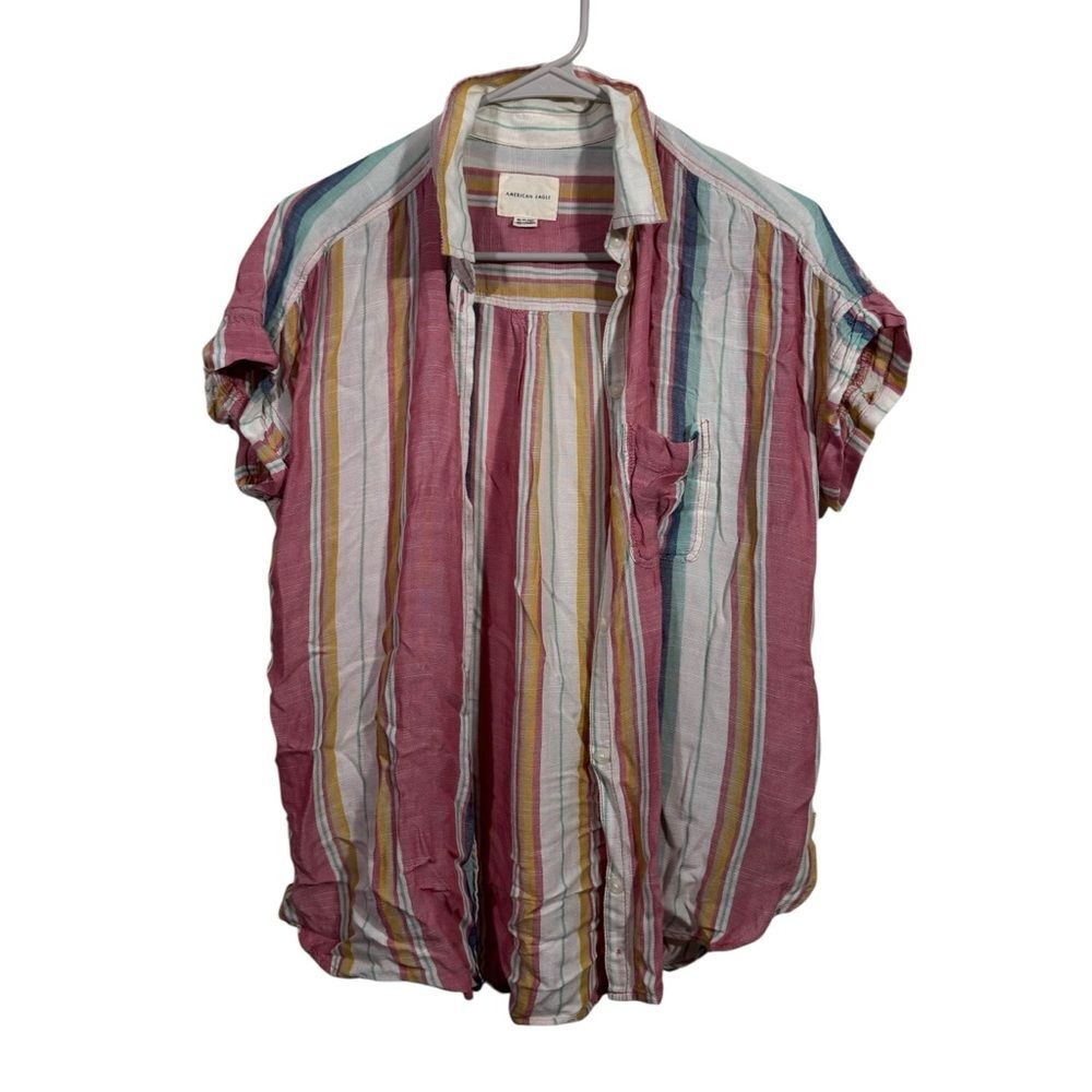 American Eagle Striped Lightweight Oversized Button Up Short Sleeve Shirt